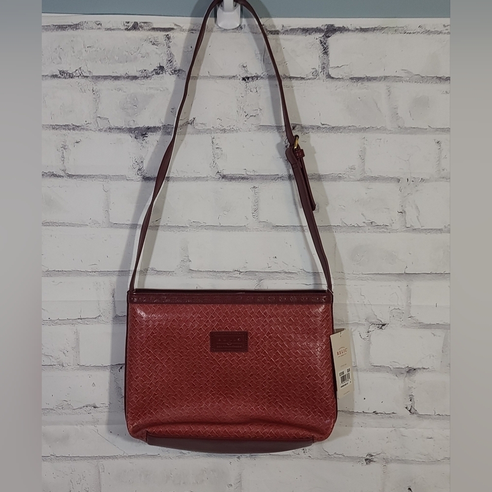 New Relic Red Faux Leather Basketweave Shoulder Bag